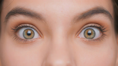 Young woman opens her eyes and looks at camera and get surprised
