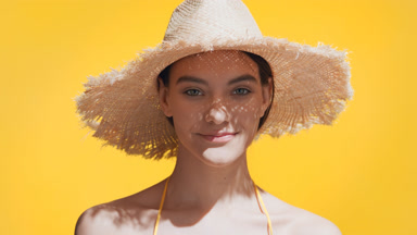 Young woman in a straw hat enjoys the sun closing her eyes