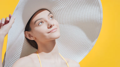 Young female model in a big hat turns to the camera smiling