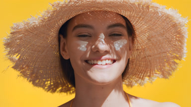 Young dark-haired woman applies sunscreen on her nose laughing