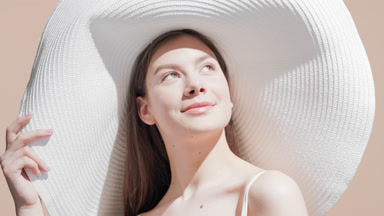 The sun comes out and European woman looks upward enjoying it