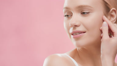 Woman with light hair turns head touching jawline and smiling
