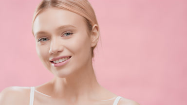 Woman with golden hair turns head touching shoulder and smiling