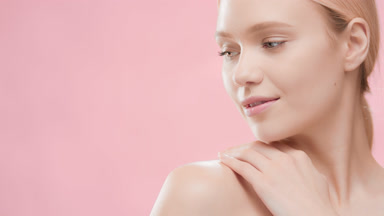 Fit woman touches shoulder and turns head to the camera smiling