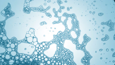A lot of blue different sized molecules move in dark blue fluid