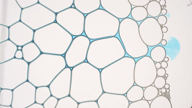 Blue liquid flows between clear bubbles making them move