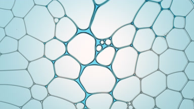 Cyan liquid flows between bubbles filling the space among them