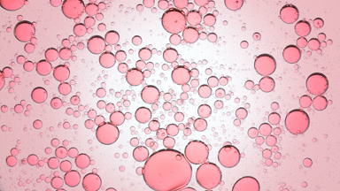 Pink different sized bubbles swirl in clear fluid