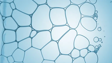 Clear liquid flows between clear bubbles and splits one bubble