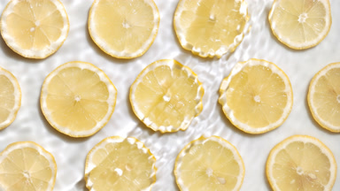 Waves and splashes on water surface over lemon slices