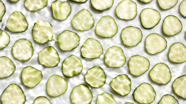 Rippling water surface on white background with cucumber slices