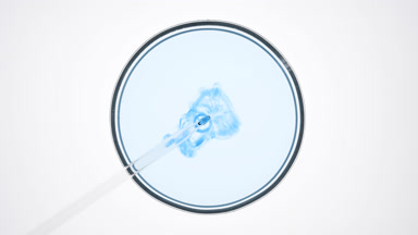 Dropper injects blue liquid into light blue one in Petri dish