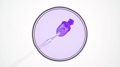 Lab dropper injects violet liquid into pale one in Petri dish
