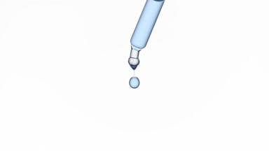 Drop of blue transparent liquid is falling down from lab dropper