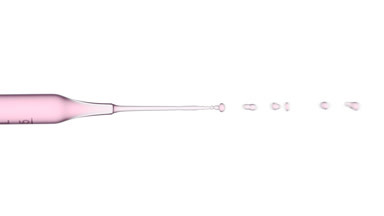 Pink fluid flows from graduated lab dropper