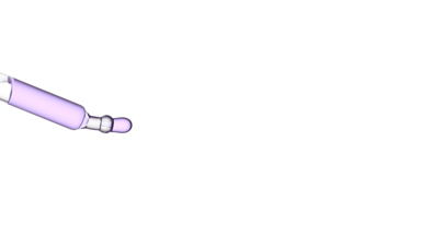 Drops of violet clear liquid are dripping from chemical dropper