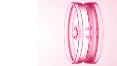Pink drop falls into Petri dish with liquid creating ripples