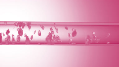 Crystals of pink salt is drowning in glass tube with clear fluid