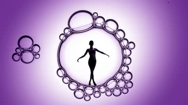Macro bubble with woman's silhouette inside on purple background