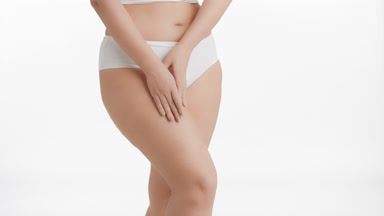 Plus size woman strokes thigh and puts hands on waistline