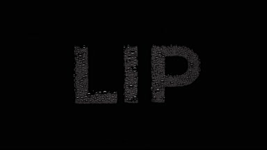Lip word blown off the wet glass on black background