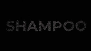 Shampoo text blown off the wet glass on black background