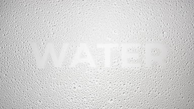 Water word blown off the wet glass on grey background