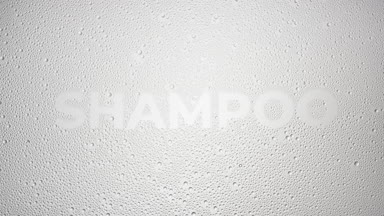 Shampoo word blown off the wet glass on grey background