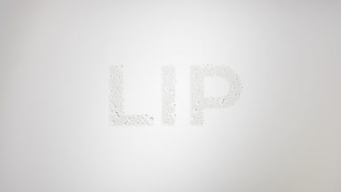 Lip word blown off the wet glass on grey background