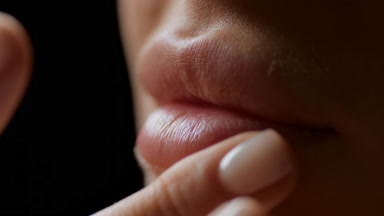 Macro shot of white-skinned female model strokes her lower lip