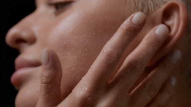 Extreme close-up shot of woman strokes her wet ear and jawline