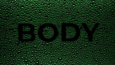 Green body word blown off the wet glass on black background