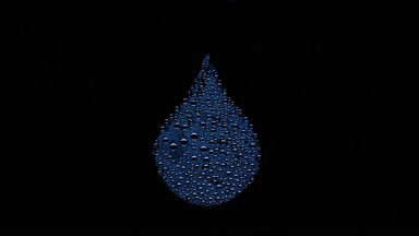 Blue drop shape print blown off the wet glass on black bg