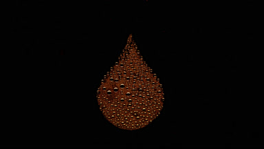 Orange drop shape print blown off the wet glass on black bg