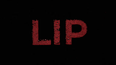 Red lip word blown off the wet glass on black background