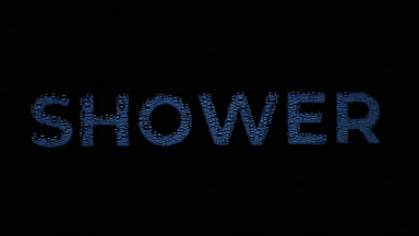 Blue shower word blown off the wet glass on black background