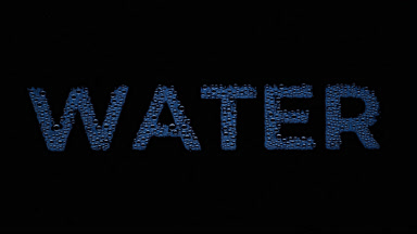 Blue water word blown off the wet glass on black background