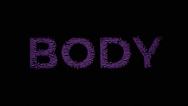 Purple body word blown off the wet glass on black background