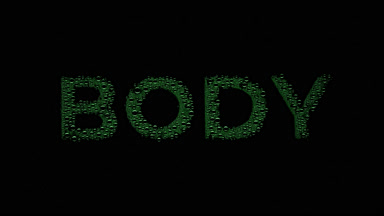 Green body word blown off the wet glass on black background