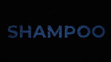 Blue shampoo text blown off the wet glass on black background