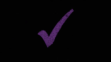Purple checkmark blown off the wet glass on black background