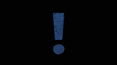 Blue exclamation sign blown off the wet glass on black bg