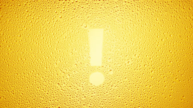 Exclamation sign blown off the wet glass on yellow background