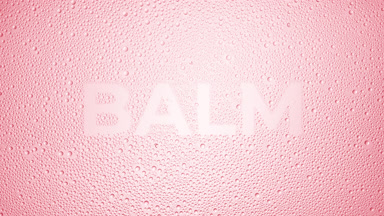 Balm writing blown off the wet glass on pink background