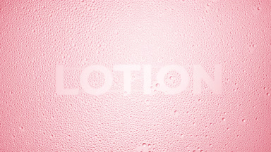 Lotion word blown off the wet glass on pink background