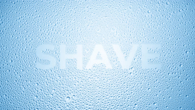 Shave word blown off the wet glass on blue background