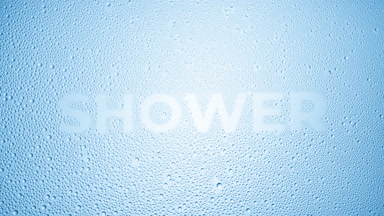 Shower word blown off the wet glass on blue background
