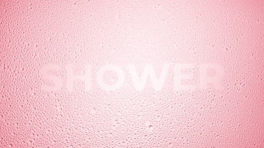 Shower word blown off the wet glass on pink background