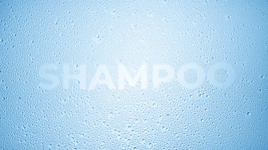 Shampoo word blown off the wet glass on blue background