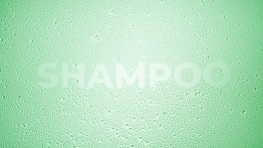 Shampoo word blown off the wet glass on green background